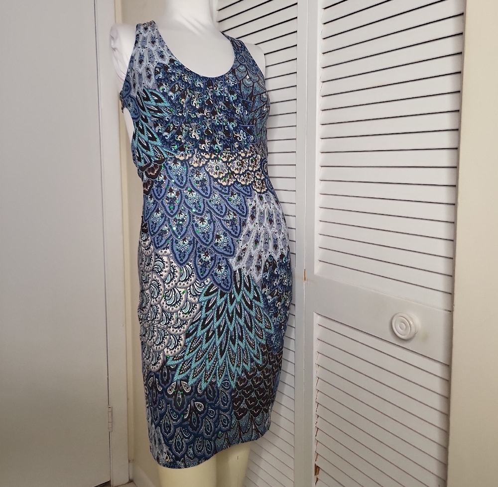 Blue and Green Sequin Embellished Sheath Dress